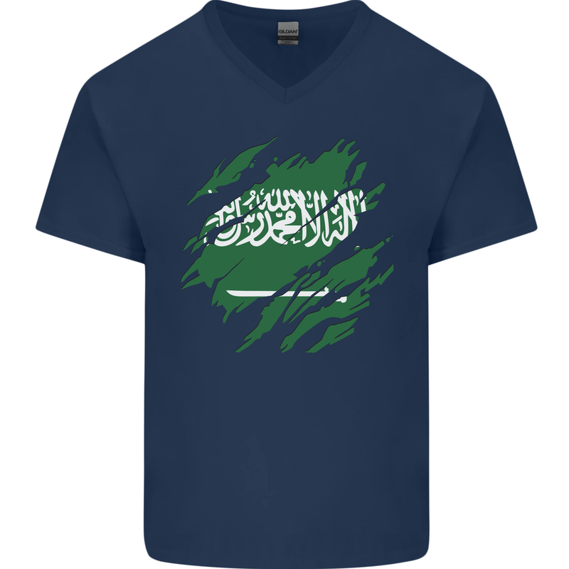 Torn Saudi Arabia Flag Arabian Day Football Mens V-Neck Cotton T-Shirt Navy Blue