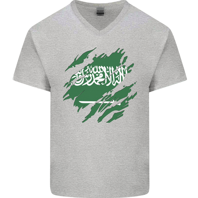 Torn Saudi Arabia Flag Arabian Day Football Mens V-Neck Cotton T-Shirt Sports Grey