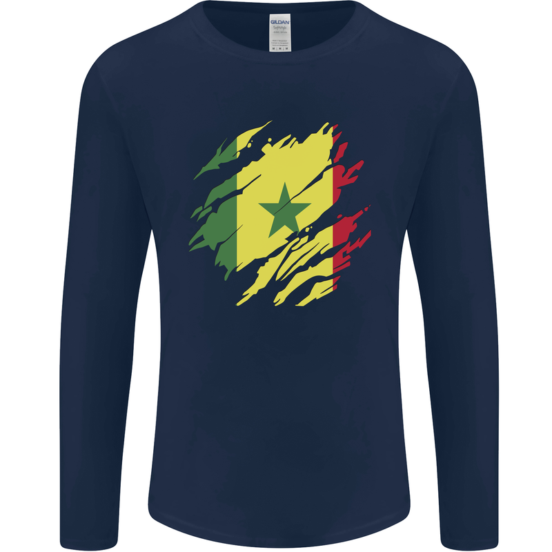 Torn Senegal Flag Senegalese Day Football Mens Long Sleeve T-Shirt Navy Blue