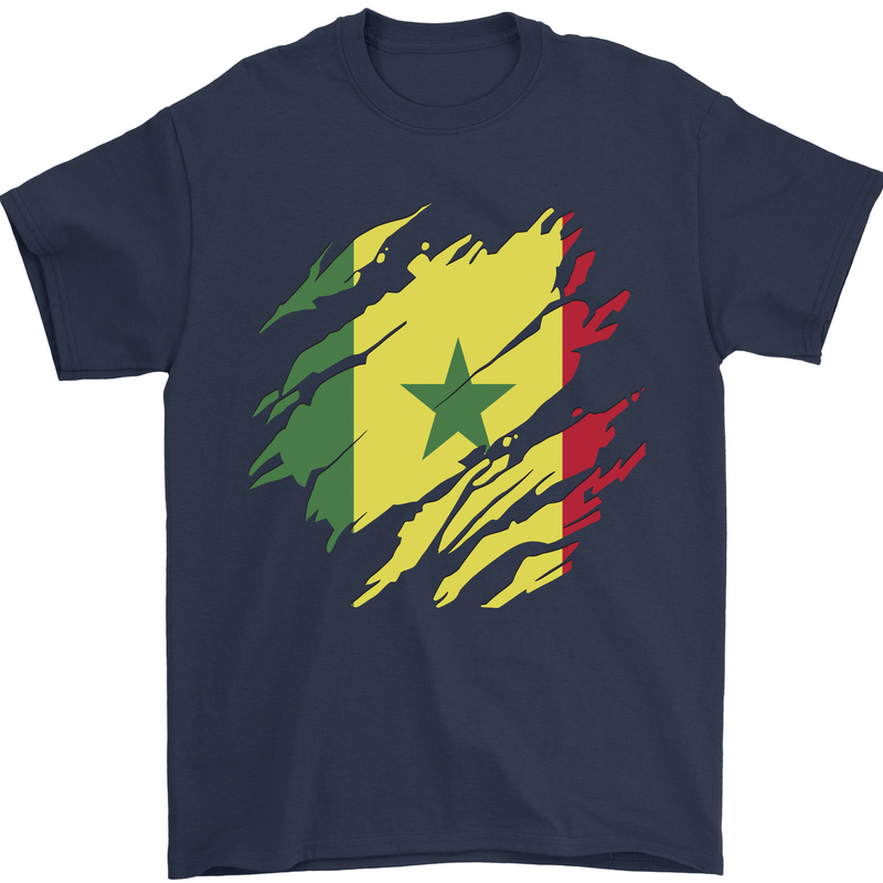 Torn Senegal Flag Senegalese Day Football Mens T-Shirt 100% Cotton Navy Blue