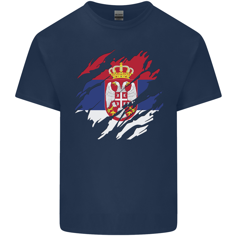 Torn Serbia Flag Serbia Day Football Mens Cotton T-Shirt Tee Top Navy Blue