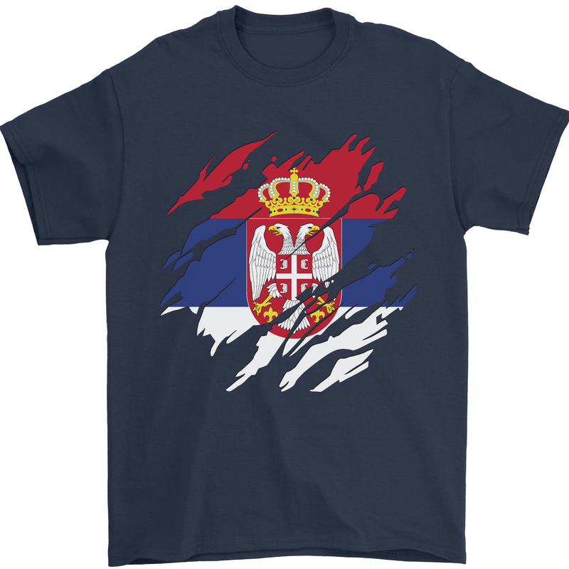 Torn Serbia Flag Serbia Day Football Mens T-Shirt 100% Cotton Navy Blue