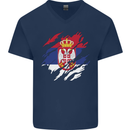 Torn Serbia Flag Serbia Day Football Mens V-Neck Cotton T-Shirt Navy Blue