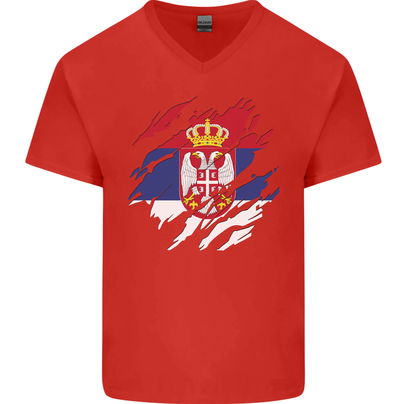 Torn Serbia Flag Serbia Day Football Mens V-Neck Cotton T-Shirt Red