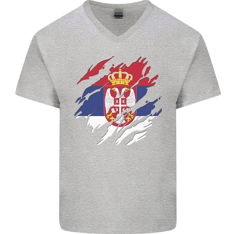 Torn Serbia Flag Serbia Day Football Mens V-Neck Cotton T-Shirt Sports Grey