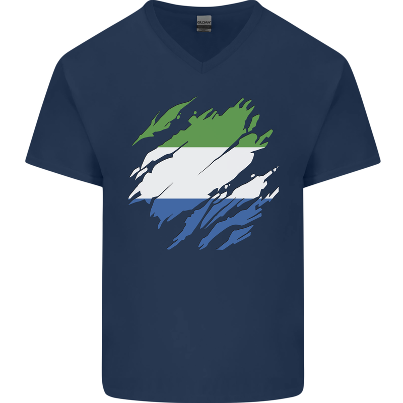 Torn Sierra Leone Flag Leonian Day Football Mens V-Neck Cotton T-Shirt Navy Blue