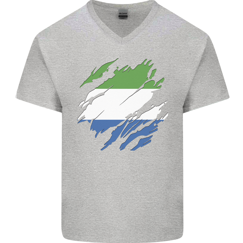 Torn Sierra Leone Flag Leonian Day Football Mens V-Neck Cotton T-Shirt Sports Grey