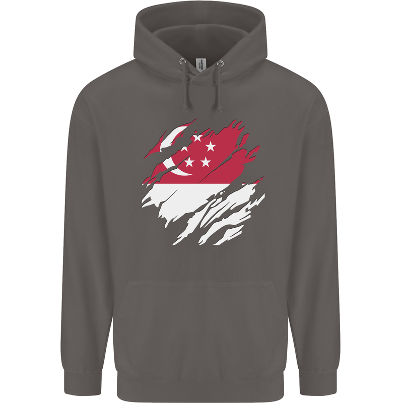 Torn Singapore Flag Singaporean Day Football Mens 80% Cotton Hoodie Charcoal