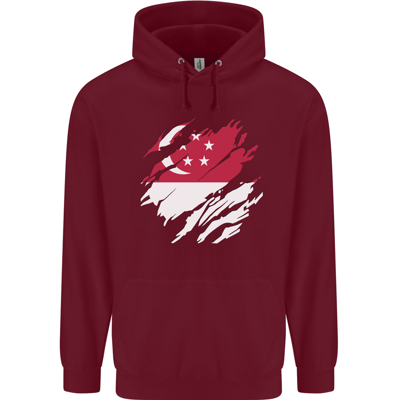 Torn Singapore Flag Singaporean Day Football Mens 80% Cotton Hoodie Maroon