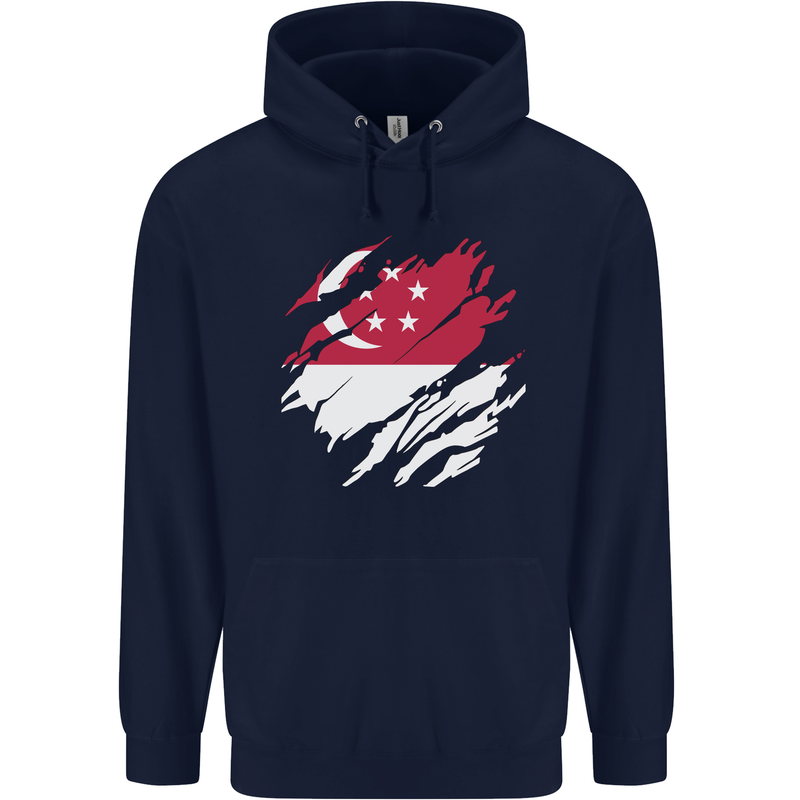Torn Singapore Flag Singaporean Day Football Mens 80% Cotton Hoodie Navy Blue