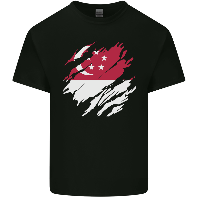 Torn Singapore Flag Singaporean Day Football Mens Cotton T-Shirt Tee Top Black