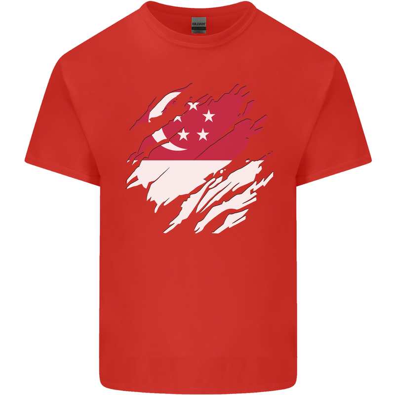 Torn Singapore Flag Singaporean Day Football Mens Cotton T-Shirt Tee Top Red