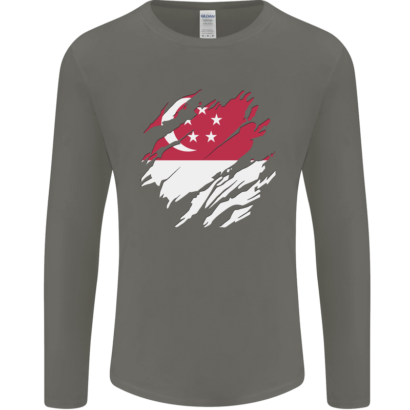 Torn Singapore Flag Singaporean Day Football Mens Long Sleeve T-Shirt Charcoal