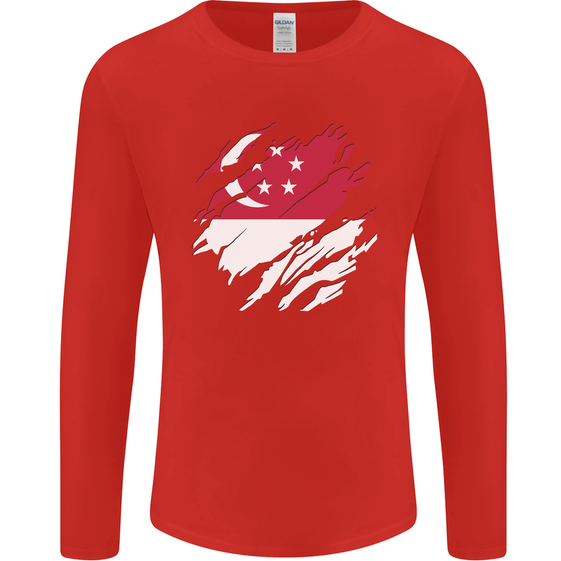 Torn Singapore Flag Singaporean Day Football Mens Long Sleeve T-Shirt Red