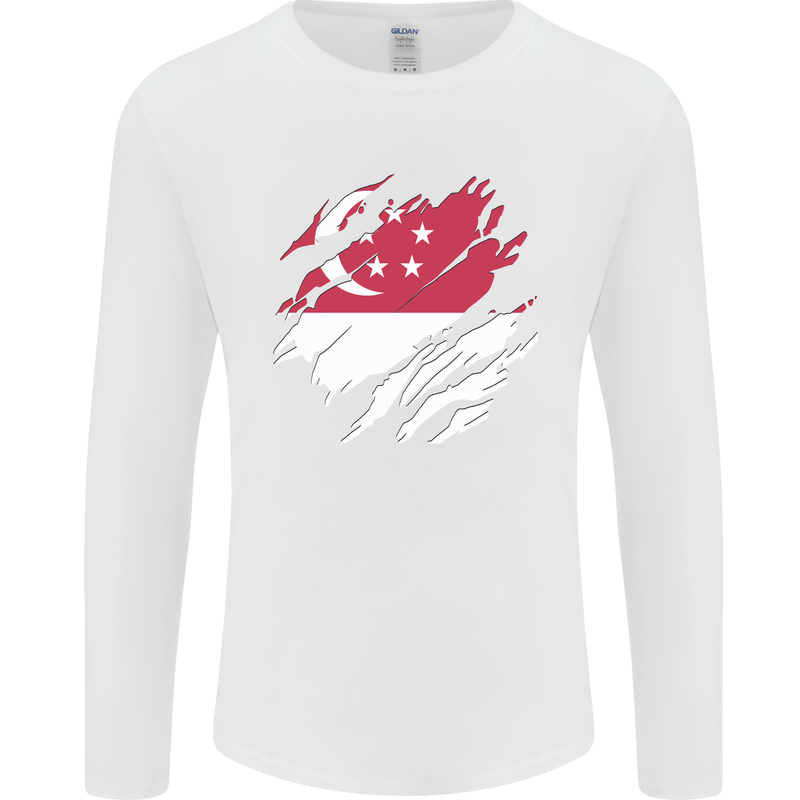 Torn Singapore Flag Singaporean Day Football Mens Long Sleeve T-Shirt White