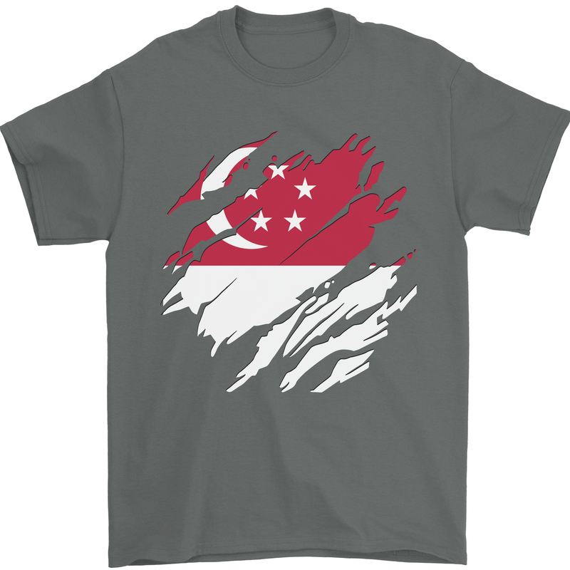 Torn Singapore Flag Singaporean Day Football Mens T-Shirt 100% Cotton Charcoal