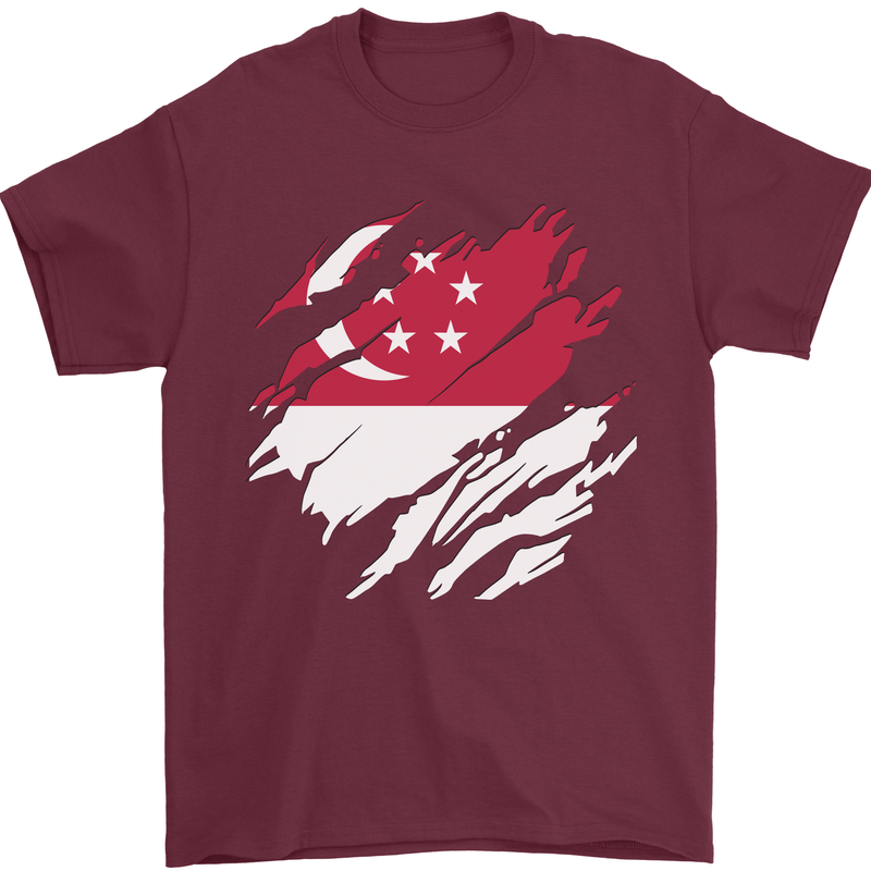 Torn Singapore Flag Singaporean Day Football Mens T-Shirt 100% Cotton Maroon