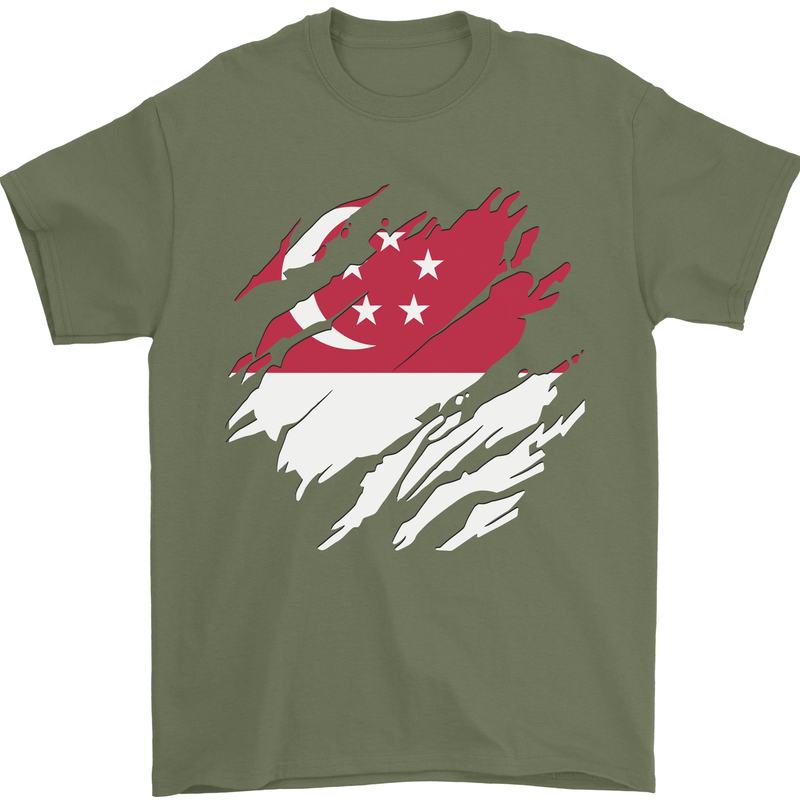 Torn Singapore Flag Singaporean Day Football Mens T-Shirt 100% Cotton Military Green