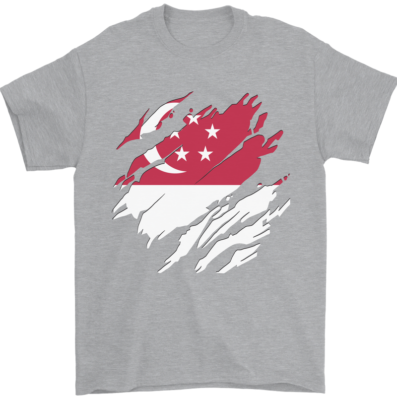 Torn Singapore Flag Singaporean Day Football Mens T-Shirt 100% Cotton Sports Grey