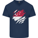Torn Singapore Flag Singaporean Day Football Mens V-Neck Cotton T-Shirt Navy Blue