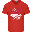 Torn Singapore Flag Singaporean Day Football Mens V-Neck Cotton T-Shirt Red