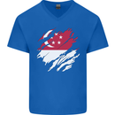Torn Singapore Flag Singaporean Day Football Mens V-Neck Cotton T-Shirt Royal Blue