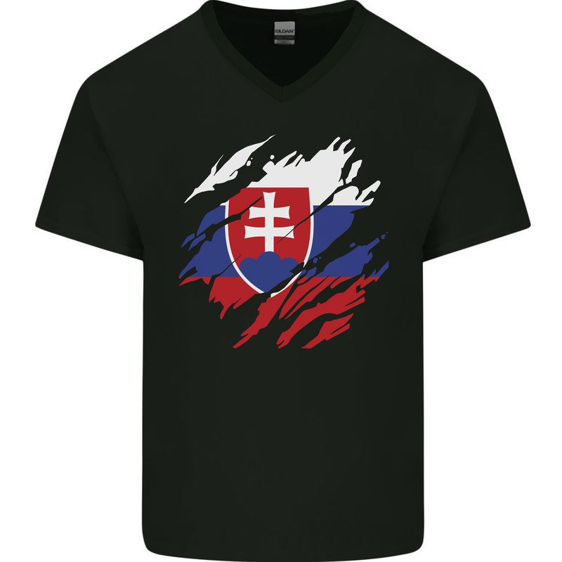 Torn Slovakia Flag Slovakia Day Football Mens V-Neck Cotton T-Shirt Black
