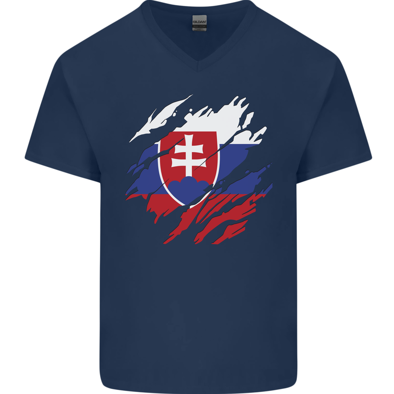 Torn Slovakia Flag Slovakia Day Football Mens V-Neck Cotton T-Shirt Navy Blue