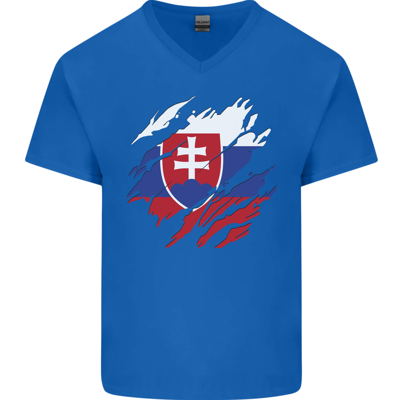 Torn Slovakia Flag Slovakia Day Football Mens V-Neck Cotton T-Shirt Royal Blue