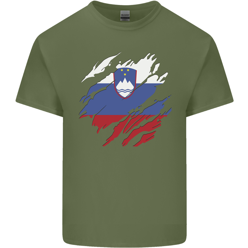 Torn Slovenia Flag Slovenian Day Football Mens Cotton T-Shirt Tee Top Military Green
