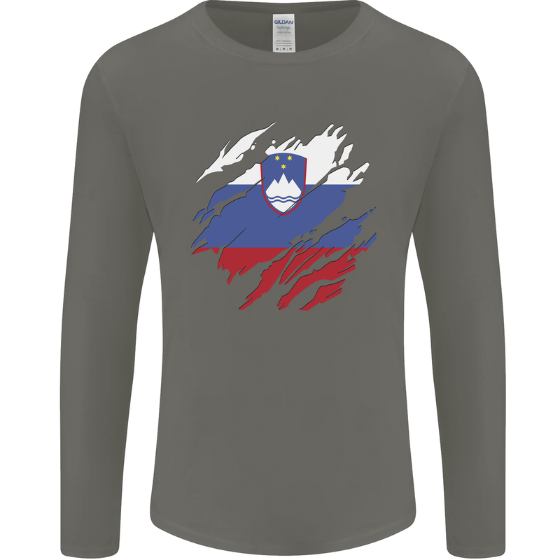 Torn Slovenia Flag Slovenian Day Football Mens Long Sleeve T-Shirt Charcoal