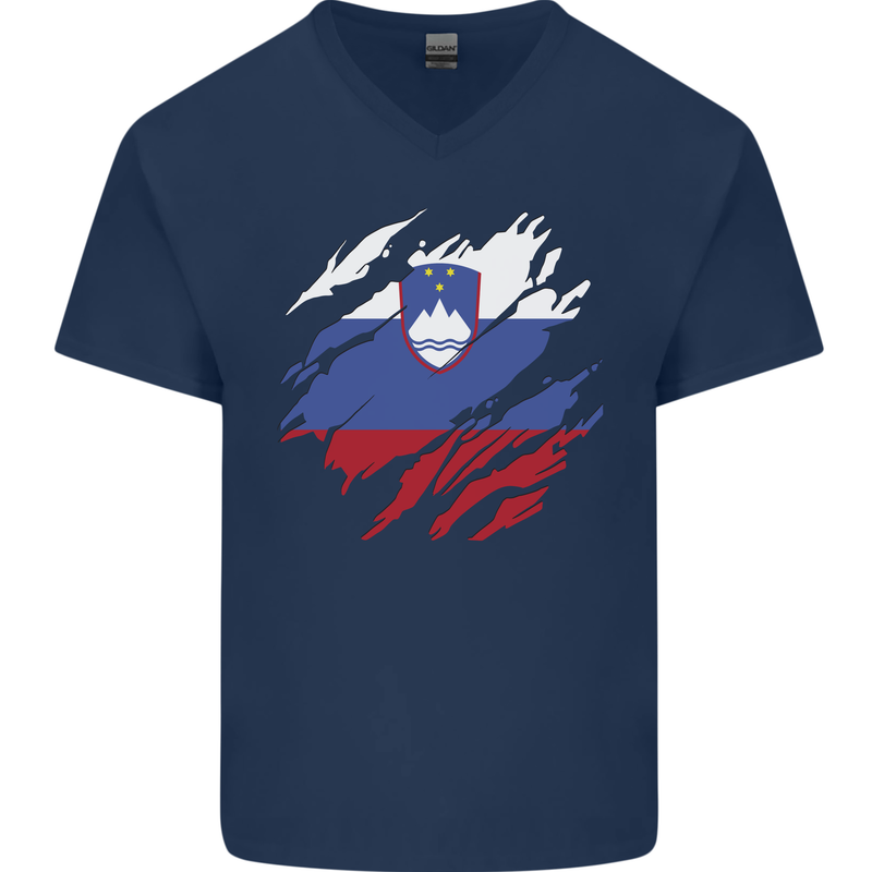 Torn Slovenia Flag Slovenian Day Football Mens V-Neck Cotton T-Shirt Navy Blue