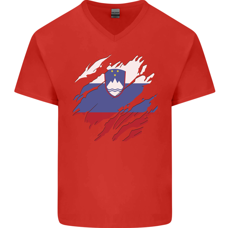 Torn Slovenia Flag Slovenian Day Football Mens V-Neck Cotton T-Shirt Red