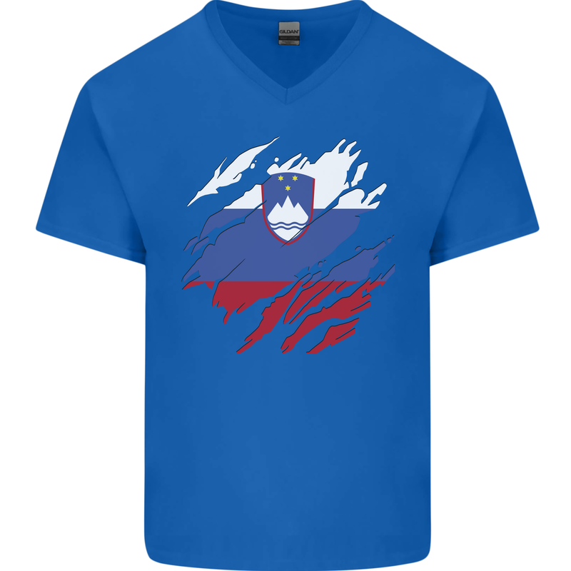 Torn Slovenia Flag Slovenian Day Football Mens V-Neck Cotton T-Shirt Royal Blue