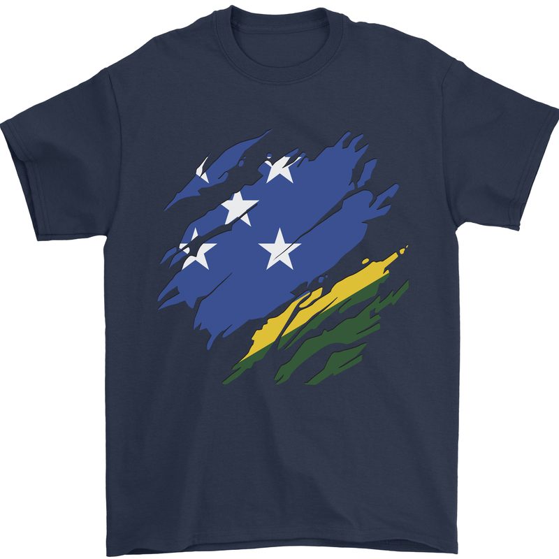 Torn Solomon Islands Flag Day Football Mens T-Shirt 100% Cotton Navy Blue