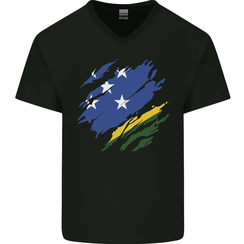 Torn Solomon Islands Flag Day Football Mens V-Neck Cotton T-Shirt Black