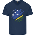 Torn Solomon Islands Flag Day Football Mens V-Neck Cotton T-Shirt Navy Blue