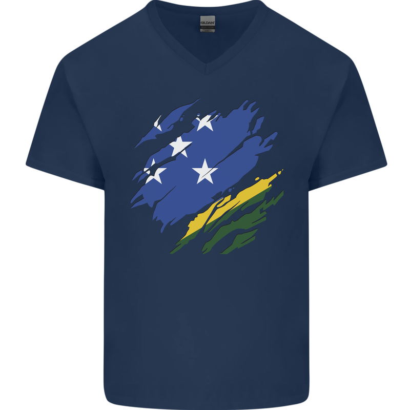 Torn Solomon Islands Flag Day Football Mens V-Neck Cotton T-Shirt Navy Blue