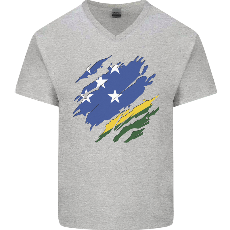 Torn Solomon Islands Flag Day Football Mens V-Neck Cotton T-Shirt Sports Grey