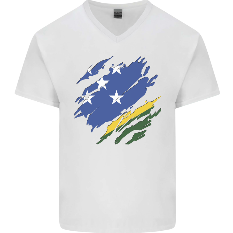 Torn Solomon Islands Flag Day Football Mens V-Neck Cotton T-Shirt White