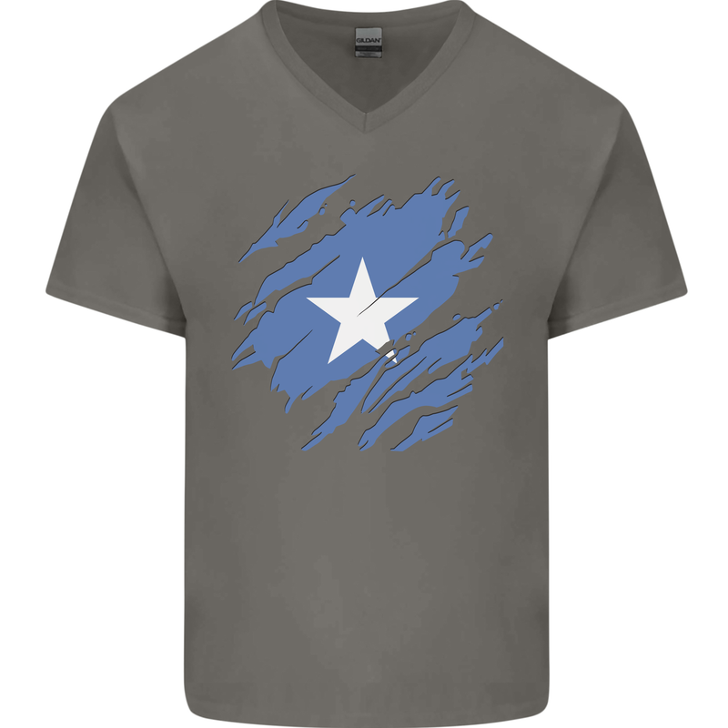 Torn Somalia Flag Somalian Day Football Mens V-Neck Cotton T-Shirt Charcoal