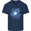 Torn Somalia Flag Somalian Day Football Mens V-Neck Cotton T-Shirt Navy Blue