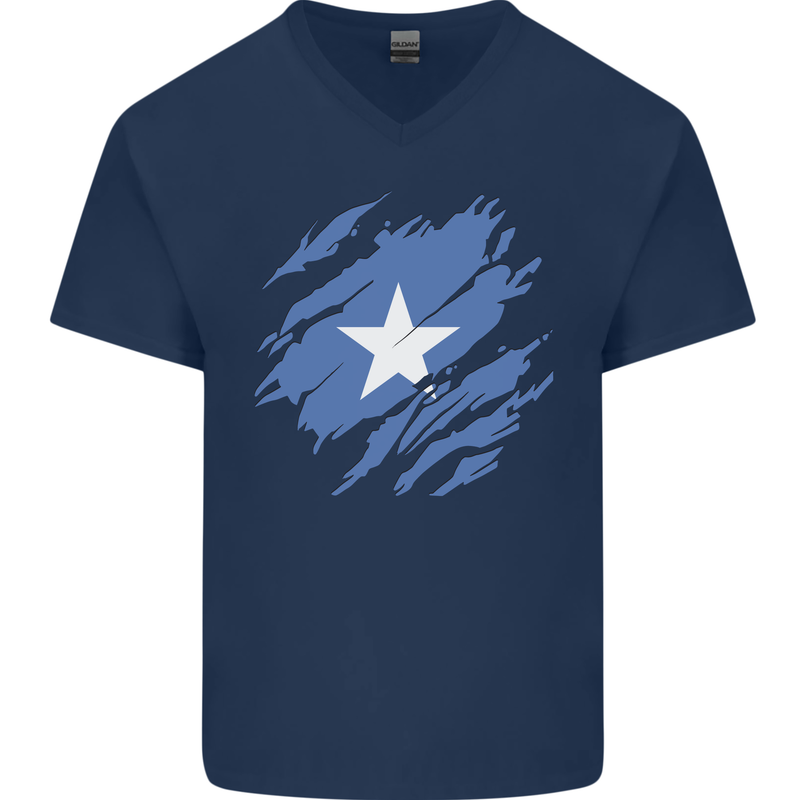 Torn Somalia Flag Somalian Day Football Mens V-Neck Cotton T-Shirt Navy Blue