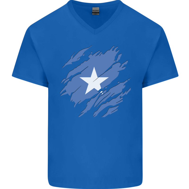 Torn Somalia Flag Somalian Day Football Mens V-Neck Cotton T-Shirt Royal Blue