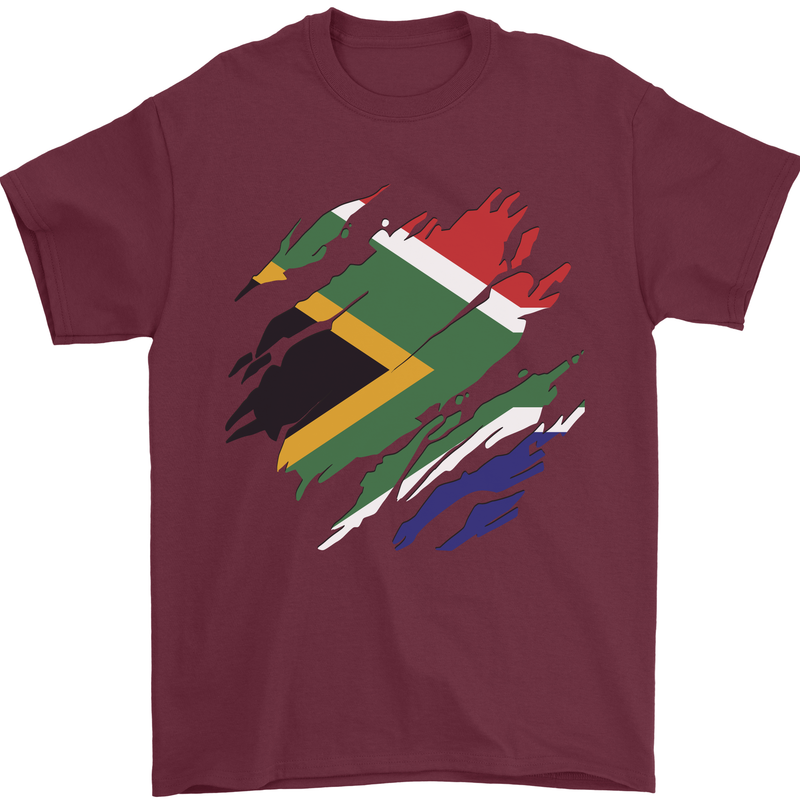 Torn South African Flag Africa Day Football Mens T-Shirt 100% Cotton Maroon