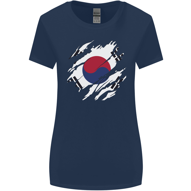 Torn South Korea Flag Korean Day Football Womens Wider Cut T-Shirt Navy Blue