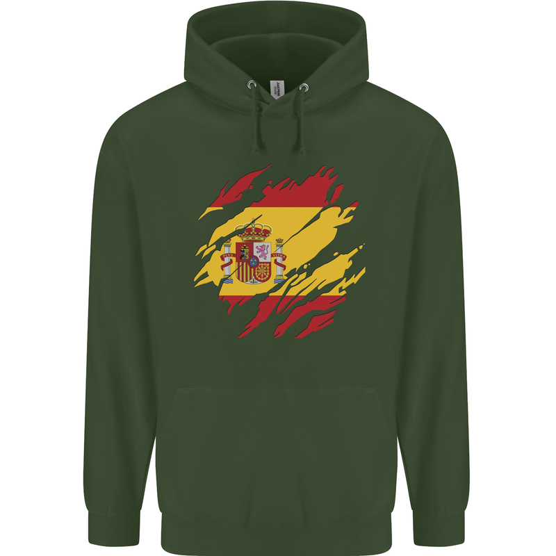 Torn Spain Flag Spanish Day Football Childrens Kids Hoodie Forest Green