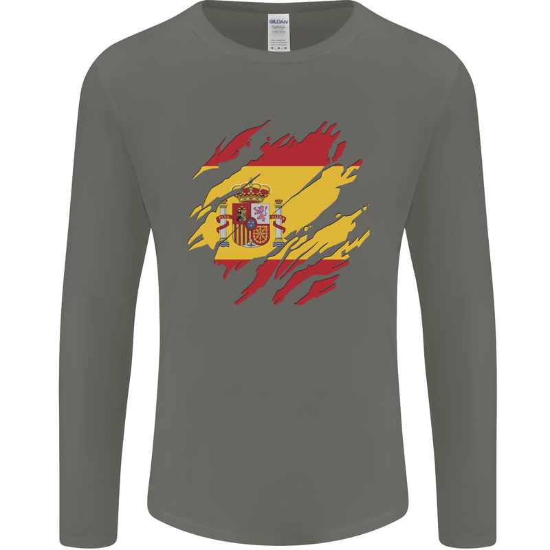 Torn Spain Flag Spanish Day Football Mens Long Sleeve T-Shirt Charcoal