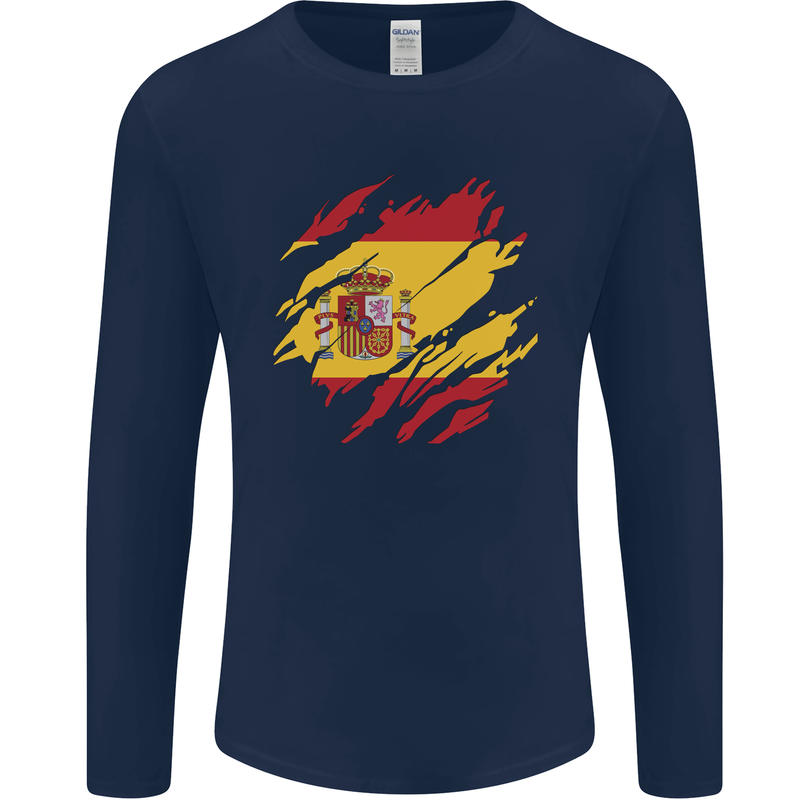 Torn Spain Flag Spanish Day Football Mens Long Sleeve T-Shirt Navy Blue