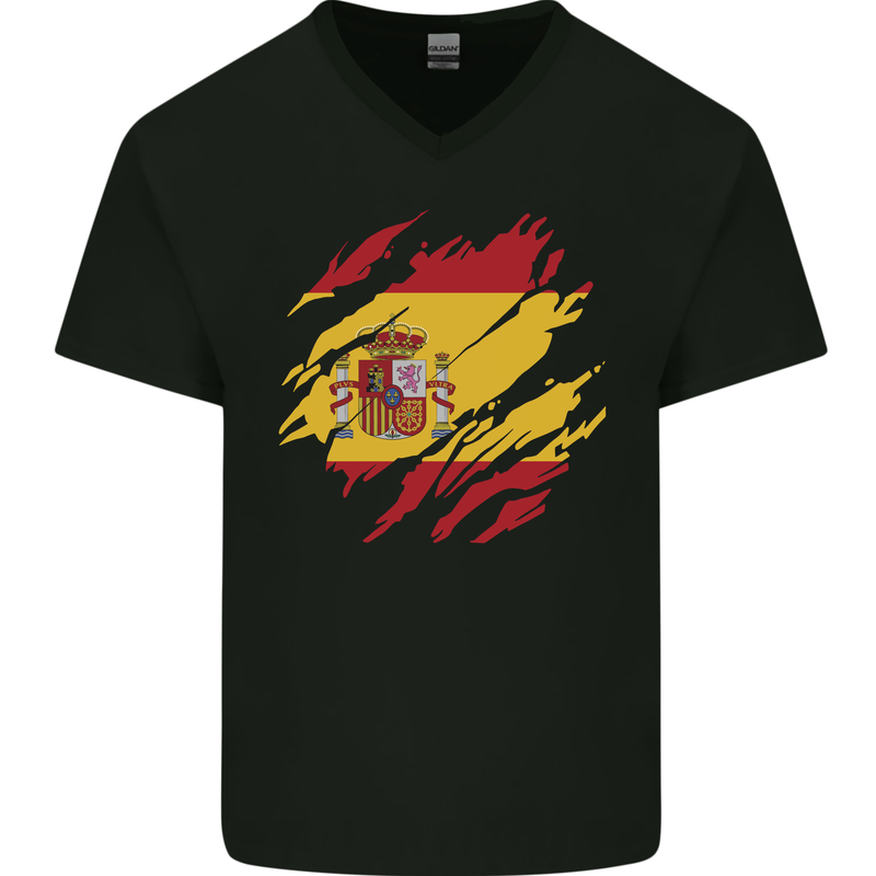 Torn Spain Flag Spanish Day Football Mens V-Neck Cotton T-Shirt Black